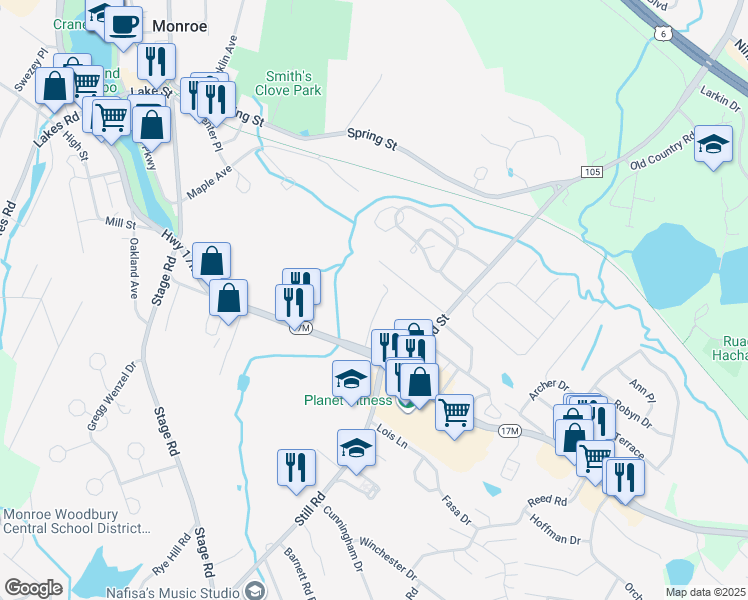map of restaurants, bars, coffee shops, grocery stores, and more near 1 Angel Road in Monroe