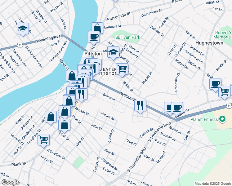 map of restaurants, bars, coffee shops, grocery stores, and more near 106 William Street in Pittston