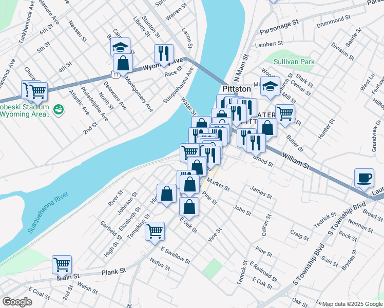 map of restaurants, bars, coffee shops, grocery stores, and more near Luzerne County Rail Trail in Pittston