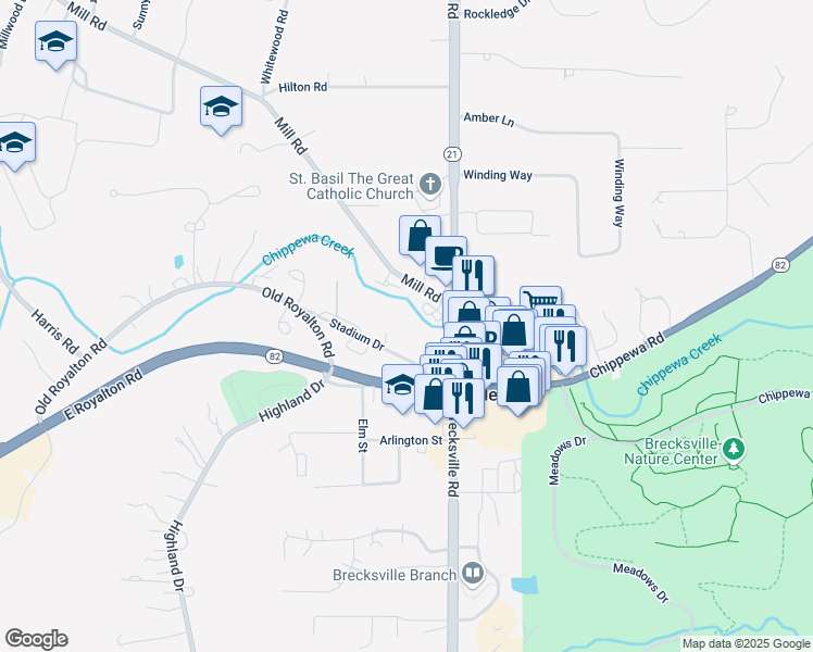 map of restaurants, bars, coffee shops, grocery stores, and more near 7005 Stadium Drive in Brecksville