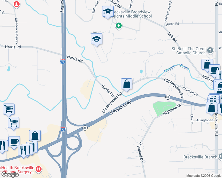 map of restaurants, bars, coffee shops, grocery stores, and more near 6573 Harris Road in Broadview Heights