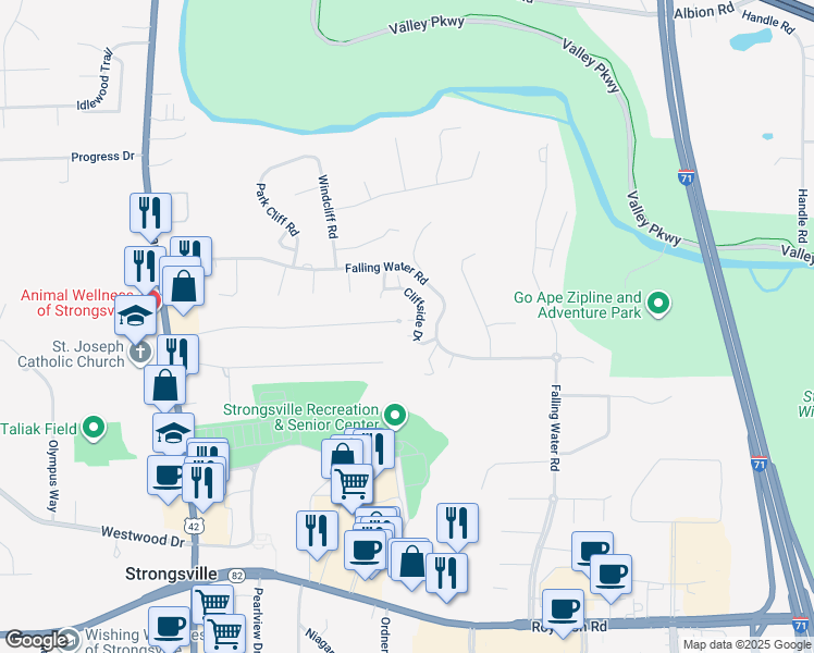map of restaurants, bars, coffee shops, grocery stores, and more near 17843 Hollowrun Place in Strongsville