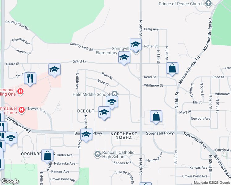 map of restaurants, bars, coffee shops, grocery stores, and more near 6138 Whitmore Street in Omaha