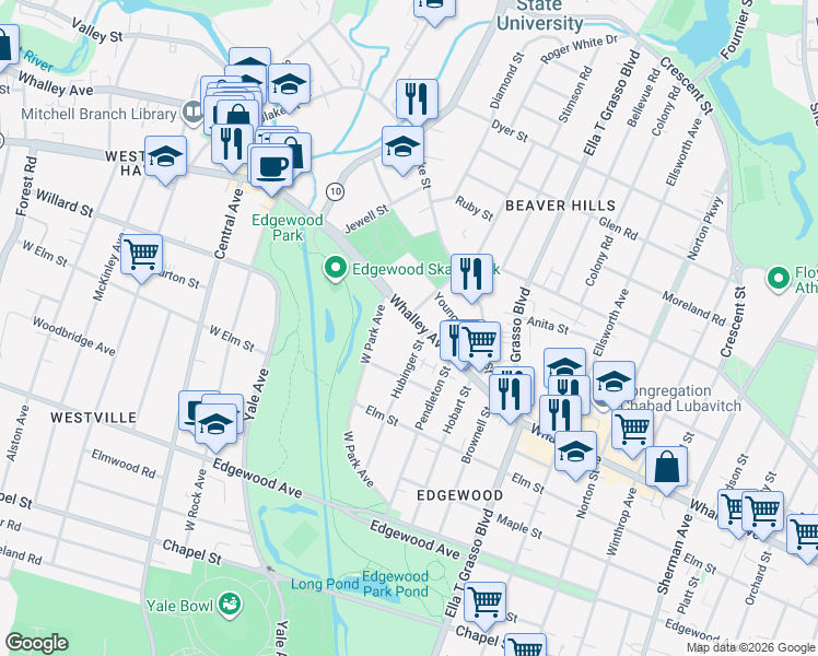 map of restaurants, bars, coffee shops, grocery stores, and more near 642 Whalley Avenue in New Haven