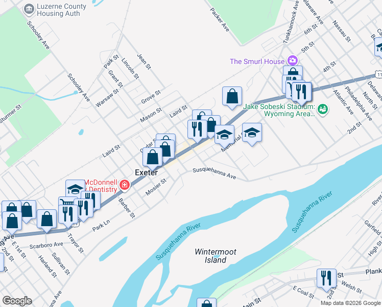 map of restaurants, bars, coffee shops, grocery stores, and more near 1150 Wyoming Avenue in Exeter