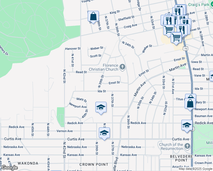 map of restaurants, bars, coffee shops, grocery stores, and more near 3725 Ernst Street in Omaha