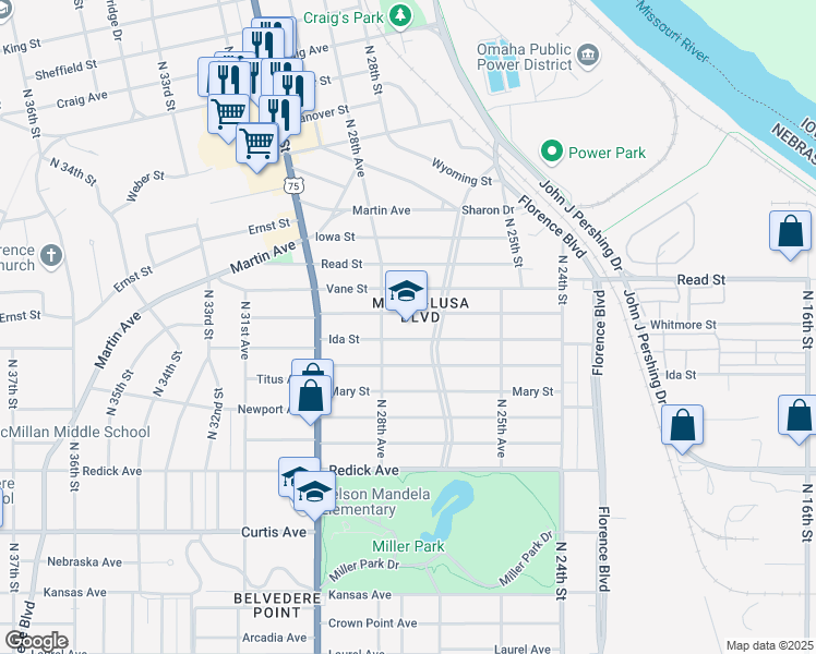 map of restaurants, bars, coffee shops, grocery stores, and more near 2728 Ida Street in Omaha