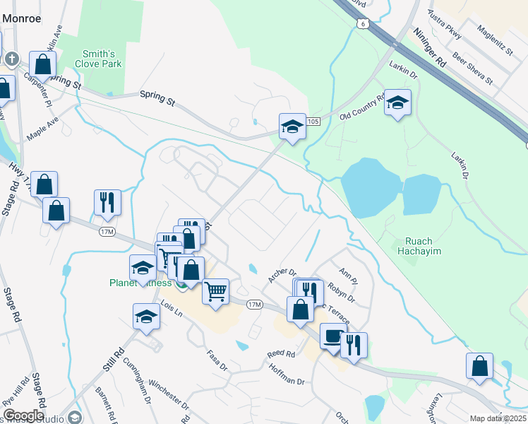 map of restaurants, bars, coffee shops, grocery stores, and more near 16 Pearsall Drive in Monroe