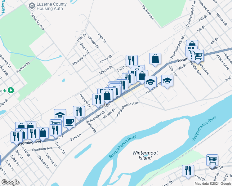 map of restaurants, bars, coffee shops, grocery stores, and more near 1172 Wyoming Avenue in Exeter