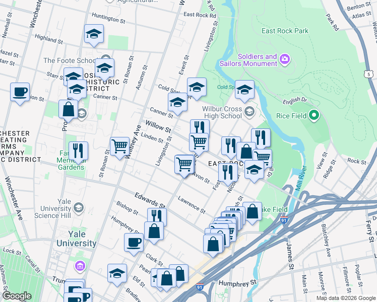 map of restaurants, bars, coffee shops, grocery stores, and more near 91 Linden Street in New Haven