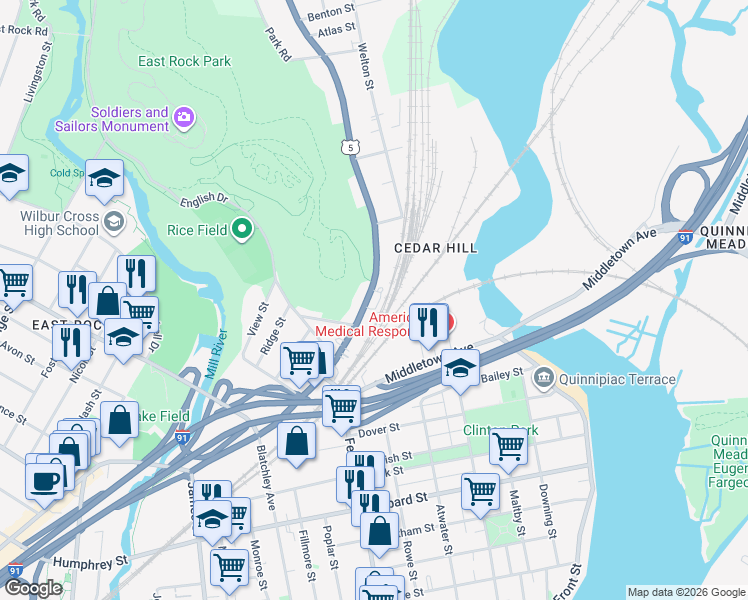 map of restaurants, bars, coffee shops, grocery stores, and more near 1435 State Street in New Haven