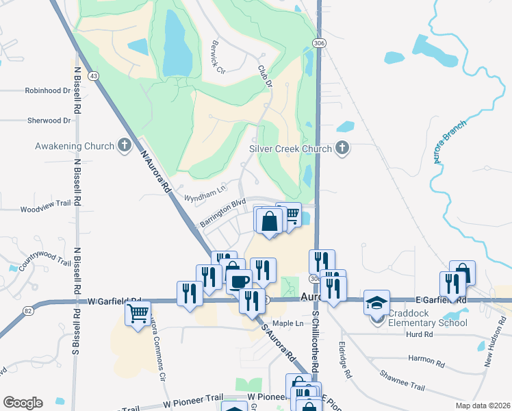 map of restaurants, bars, coffee shops, grocery stores, and more near 221 Nottingham in Aurora
