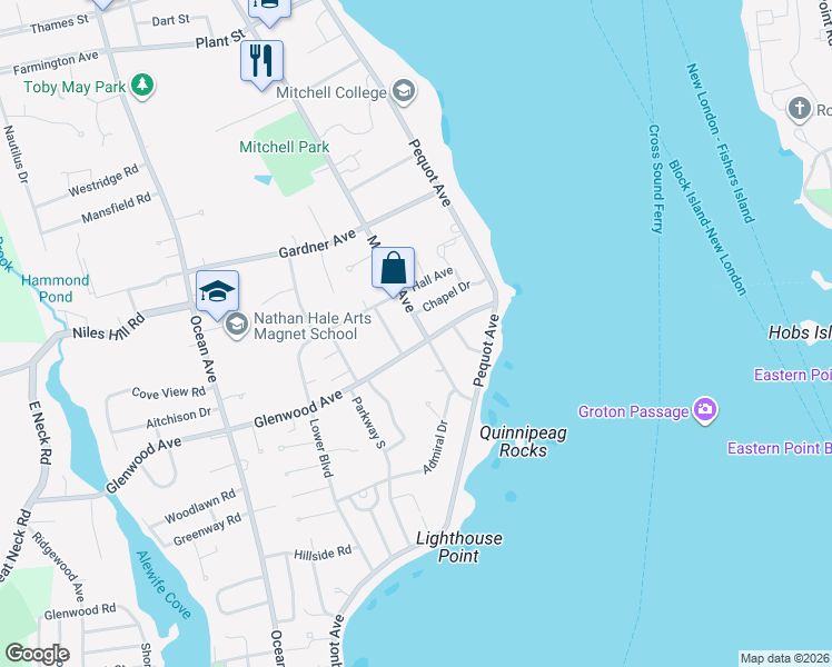 map of restaurants, bars, coffee shops, grocery stores, and more near 869 Montauk Avenue in New London