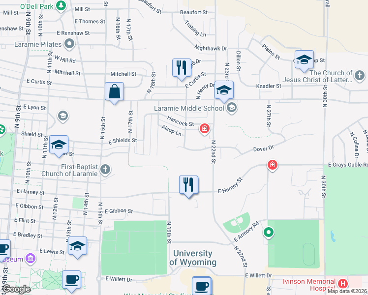 map of restaurants, bars, coffee shops, grocery stores, and more near 2110 East Binford Street in Laramie