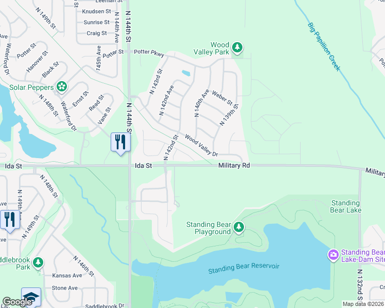 map of restaurants, bars, coffee shops, grocery stores, and more near 14062 Whitmore Circle in Omaha