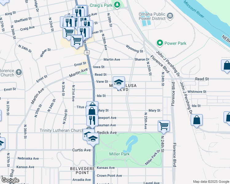 map of restaurants, bars, coffee shops, grocery stores, and more near 2728 Ida Street in Omaha