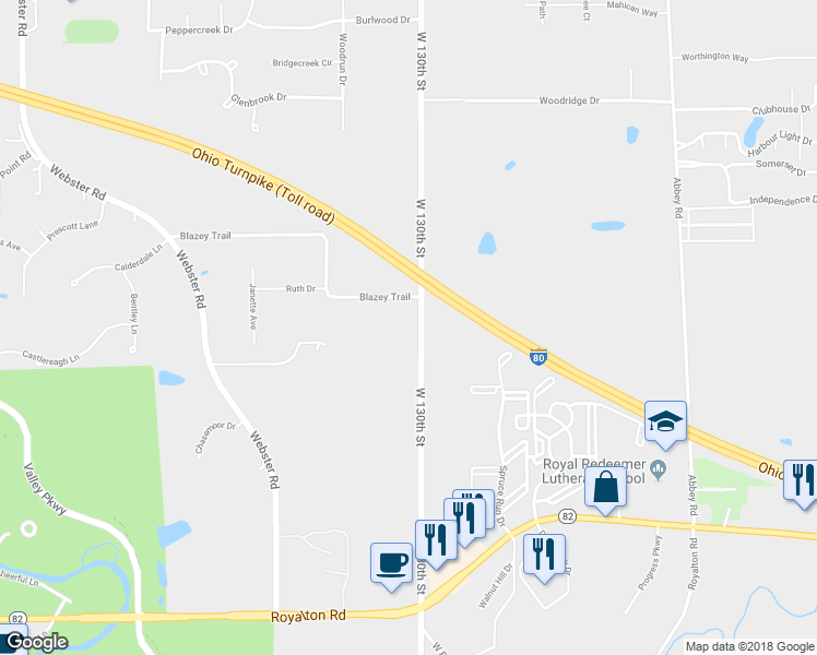 map of restaurants, bars, coffee shops, grocery stores, and more near 12570 West 130th Street in Strongsville