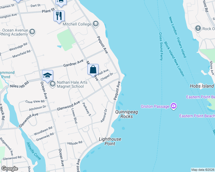 map of restaurants, bars, coffee shops, grocery stores, and more near 48 Glenwood Avenue in New London