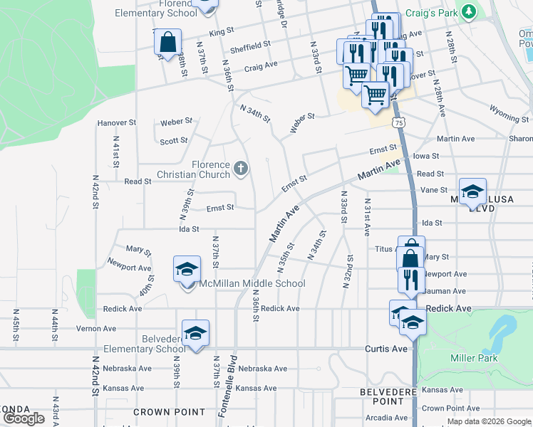 map of restaurants, bars, coffee shops, grocery stores, and more near 3437 Ernst Street in Omaha