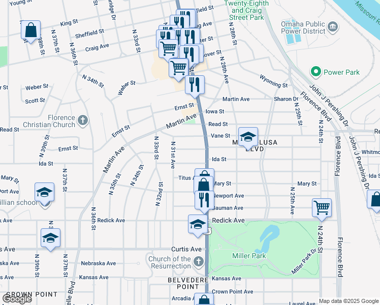 map of restaurants, bars, coffee shops, grocery stores, and more near 3033 Whitmore Street in Omaha