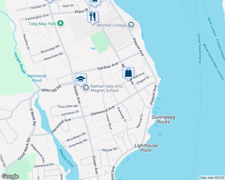 map of restaurants, bars, coffee shops, grocery stores, and more near 64 Lower Boulevard in New London