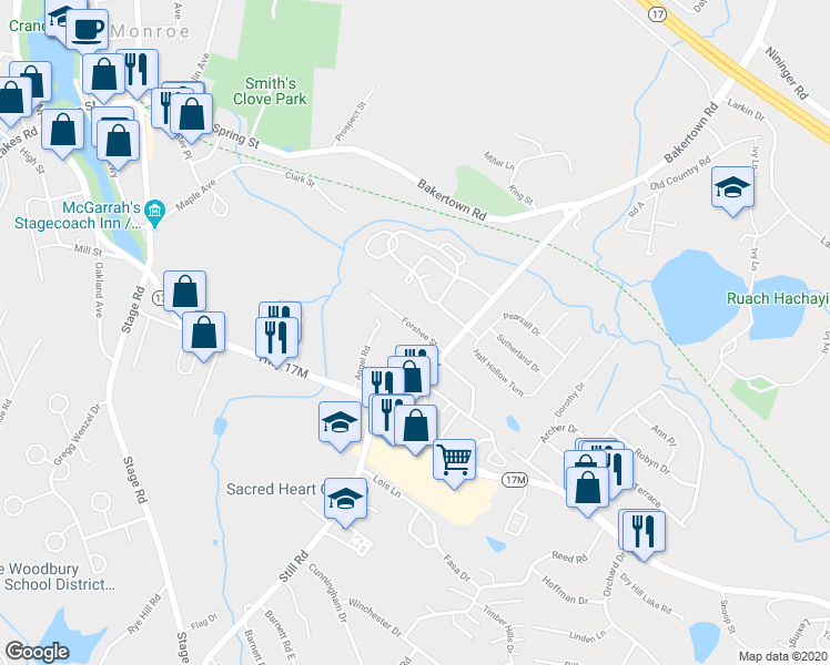 map of restaurants, bars, coffee shops, grocery stores, and more near 8 Forshee Street in Monroe