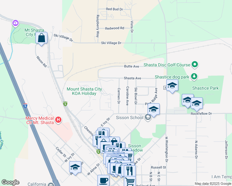 map of restaurants, bars, coffee shops, grocery stores, and more near 807 Carmen Drive in Mount Shasta