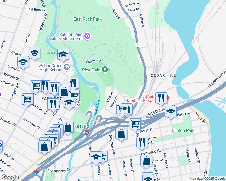 map of restaurants, bars, coffee shops, grocery stores, and more near 280 View Street in New Haven