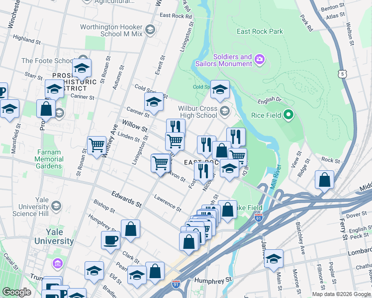 map of restaurants, bars, coffee shops, grocery stores, and more near 14 Anderson Street in New Haven