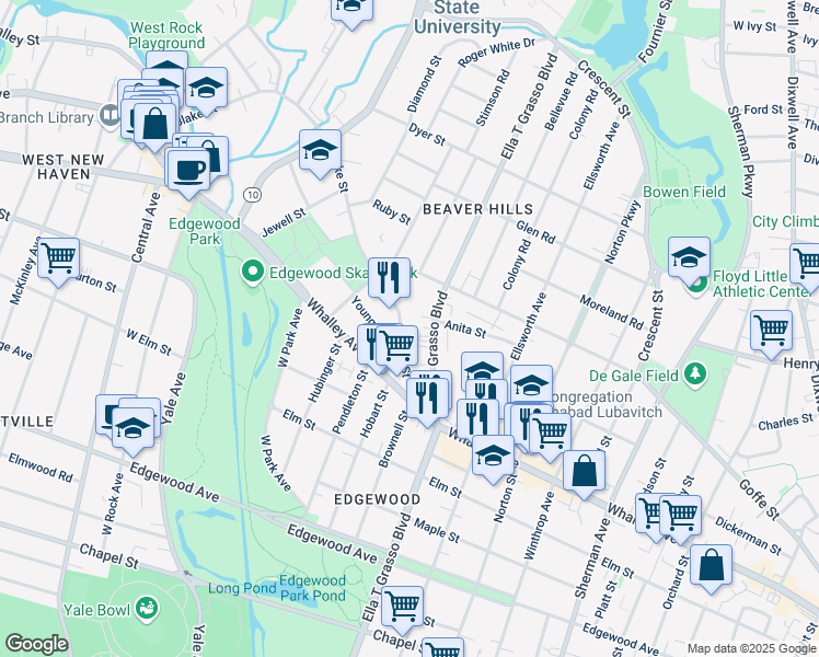 map of restaurants, bars, coffee shops, grocery stores, and more near 1570 Ella T Grasso Boulevard in New Haven