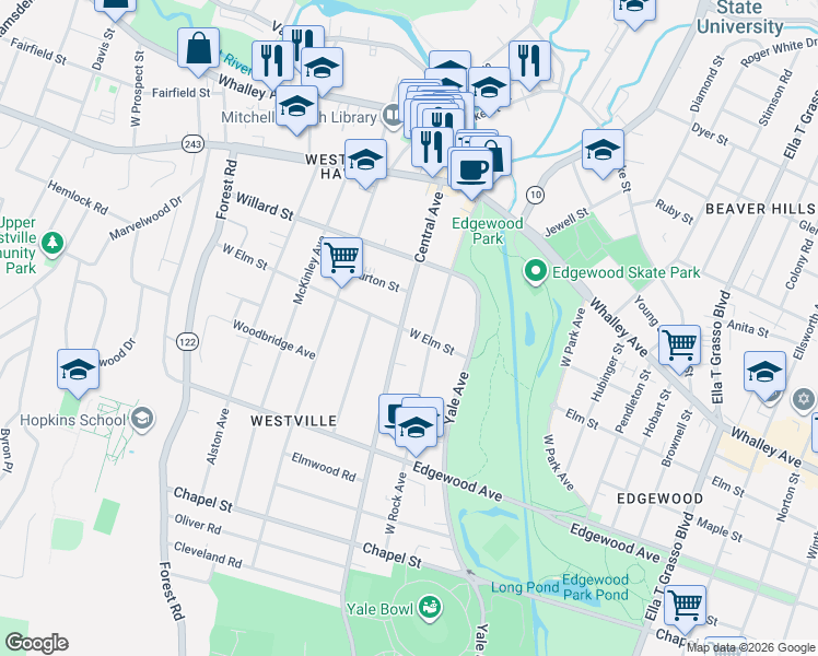 map of restaurants, bars, coffee shops, grocery stores, and more near 471 Central Avenue in New Haven