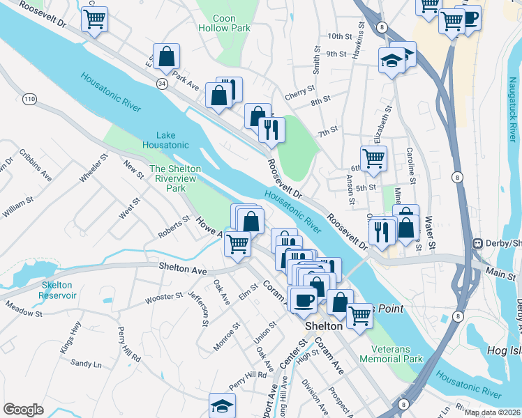 map of restaurants, bars, coffee shops, grocery stores, and more near 281 Canal Street East in Shelton