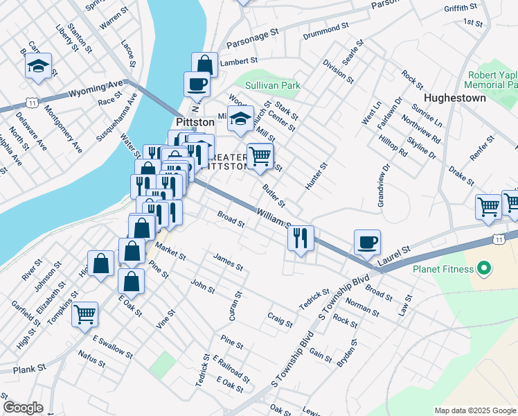 map of restaurants, bars, coffee shops, grocery stores, and more near 106 William Street in Pittston