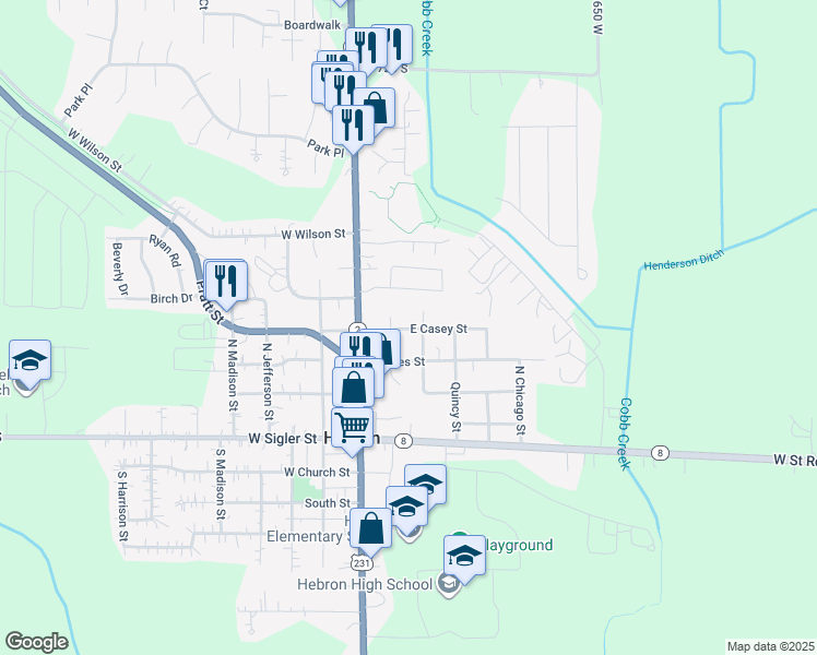 map of restaurants, bars, coffee shops, grocery stores, and more near 201-299 E Casey St in Hebron