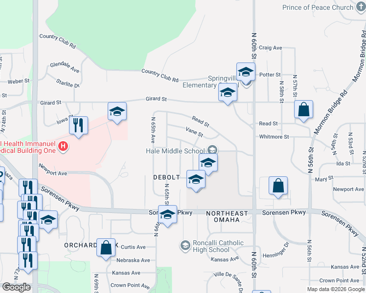 map of restaurants, bars, coffee shops, grocery stores, and more near 6315 Whitmore Street in Omaha