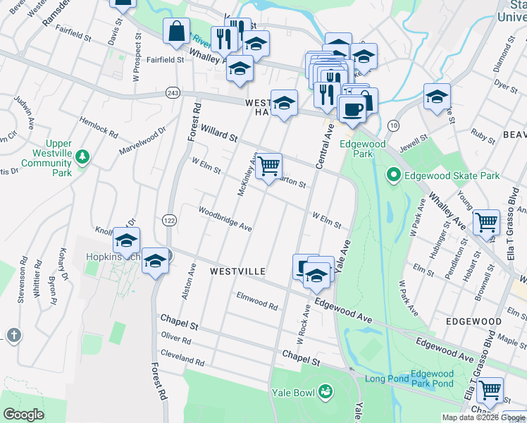 map of restaurants, bars, coffee shops, grocery stores, and more near 213 Alden Avenue in New Haven