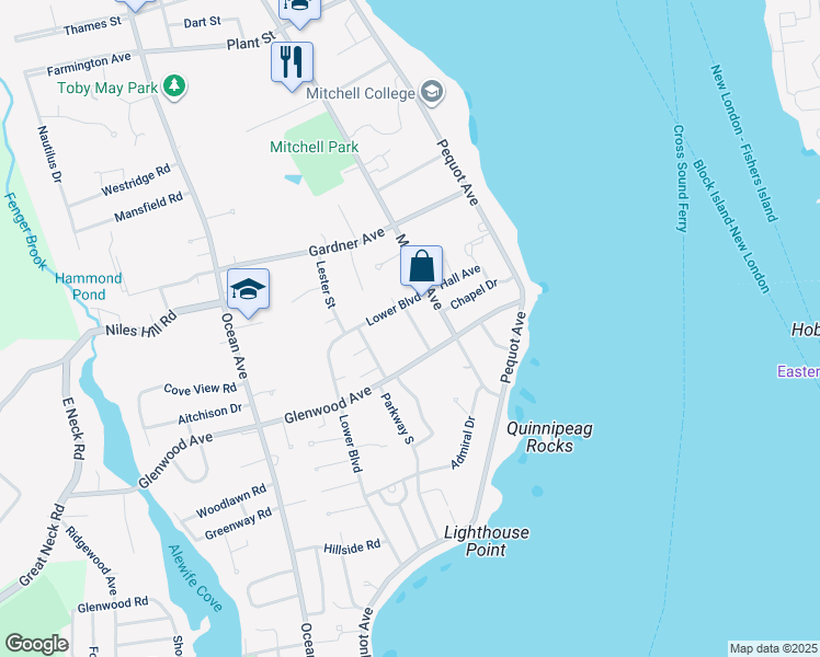 map of restaurants, bars, coffee shops, grocery stores, and more near 17 Crocker Street in New London