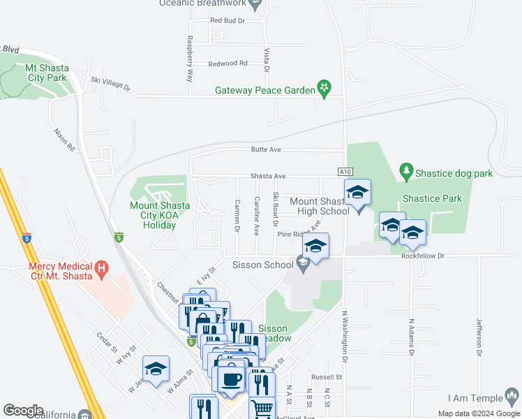map of restaurants, bars, coffee shops, grocery stores, and more near 804 Caroline Avenue in Mount Shasta
