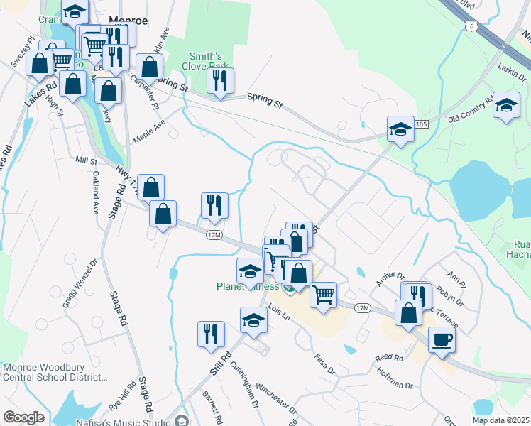 map of restaurants, bars, coffee shops, grocery stores, and more near 1 Angel Road in Monroe