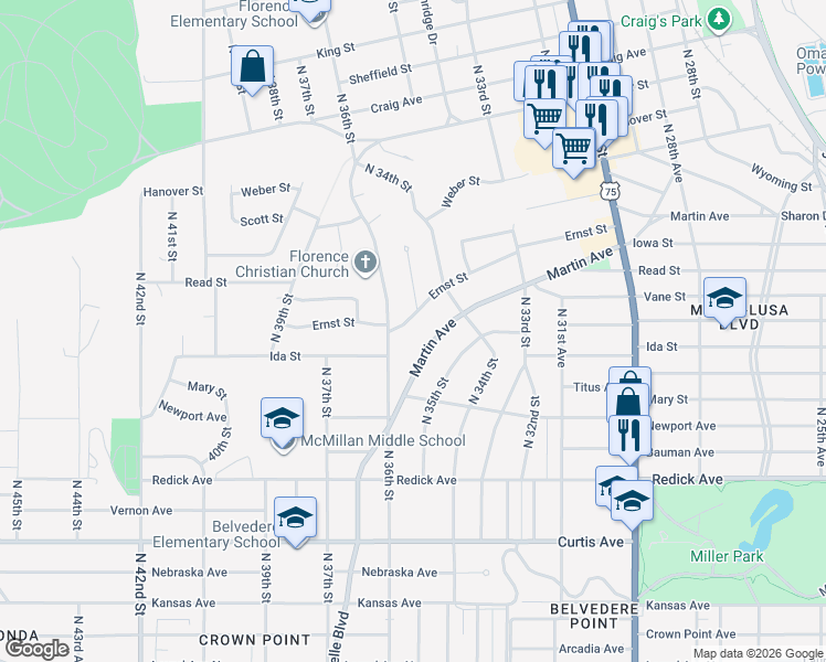 map of restaurants, bars, coffee shops, grocery stores, and more near 3437 Ernst Street in Omaha