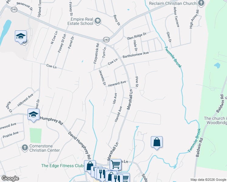 map of restaurants, bars, coffee shops, grocery stores, and more near 13 Jeanetti Drive in Derby