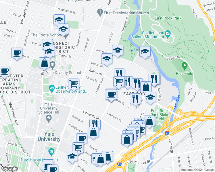 map of restaurants, bars, coffee shops, grocery stores, and more near 109 Linden Street in New Haven