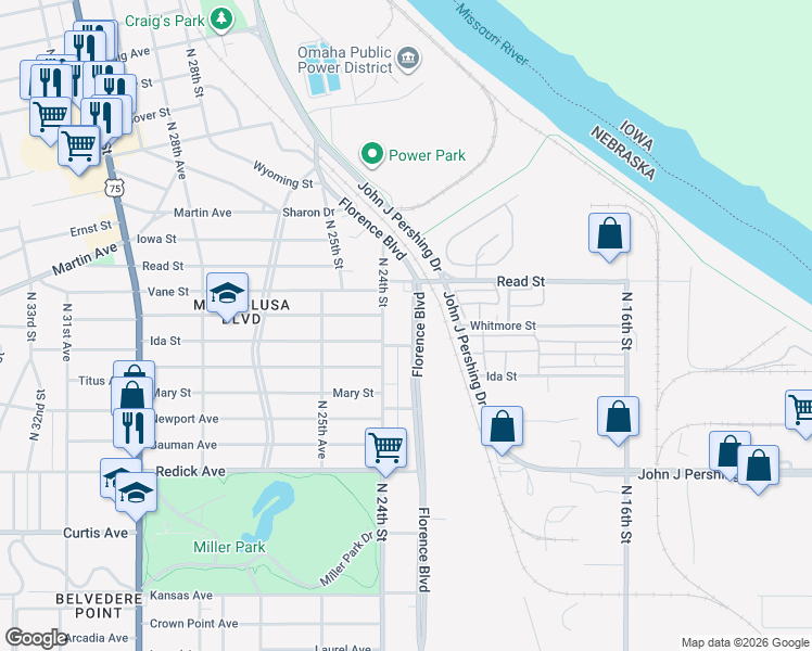 map of restaurants, bars, coffee shops, grocery stores, and more near 6920 Florence Boulevard in Omaha