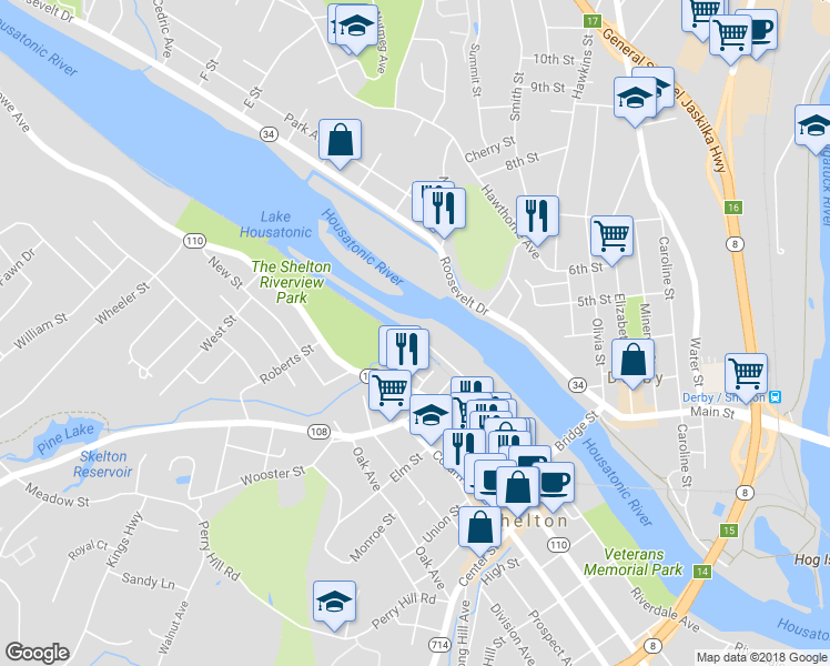 map of restaurants, bars, coffee shops, grocery stores, and more near 304 Canal Street East in Shelton
