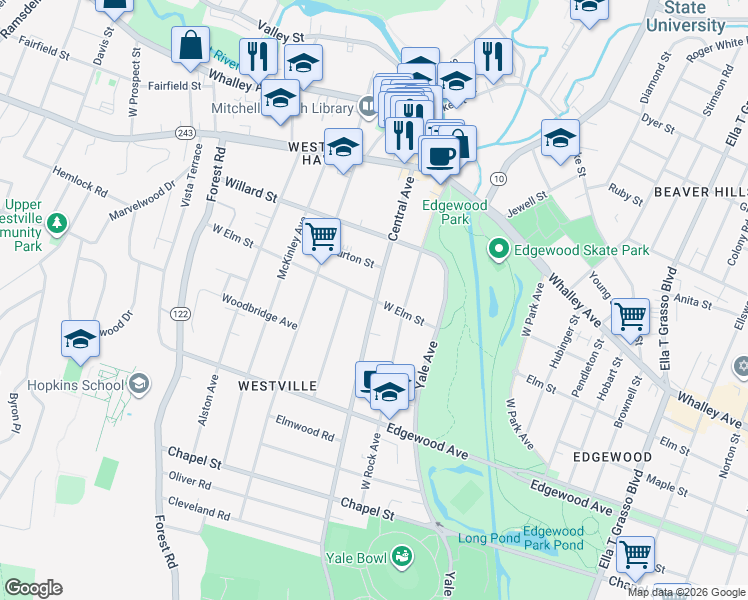 map of restaurants, bars, coffee shops, grocery stores, and more near Central Avenue & West Elm Street in New Haven