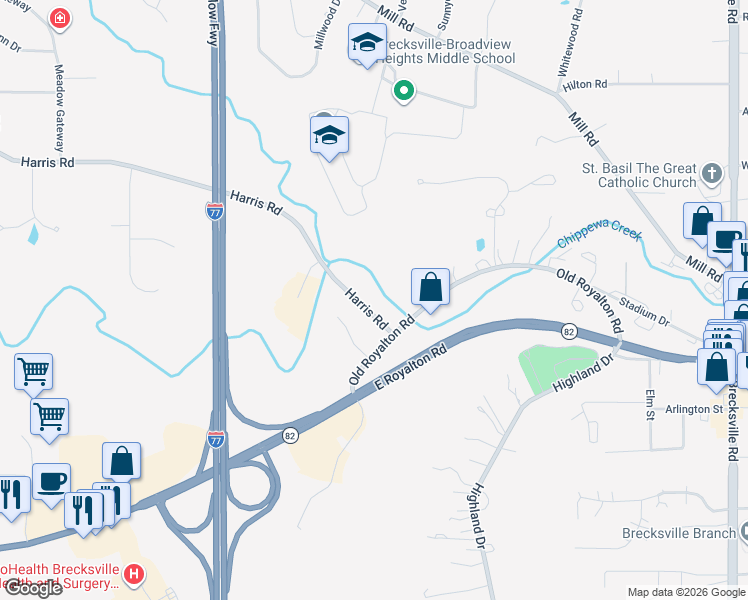 map of restaurants, bars, coffee shops, grocery stores, and more near 6573 Harris Road in Broadview Heights