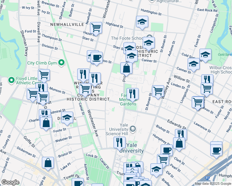 map of restaurants, bars, coffee shops, grocery stores, and more near 370 Prospect Street in New Haven