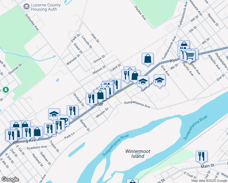 map of restaurants, bars, coffee shops, grocery stores, and more near 1110 Wyoming Avenue in Pittston