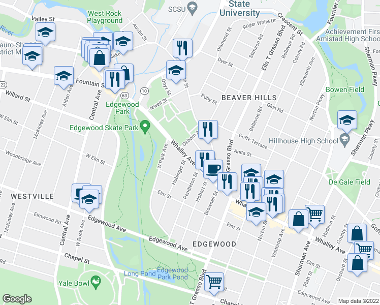 map of restaurants, bars, coffee shops, grocery stores, and more near 615 Whalley Avenue in New Haven
