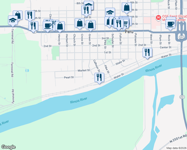map of restaurants, bars, coffee shops, grocery stores, and more near 2222 State Street in Peru